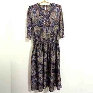 Vintage M.C.S. Ltd. Size 8P Elegant Floral Tapestry Midi Dress in Blue and Cream